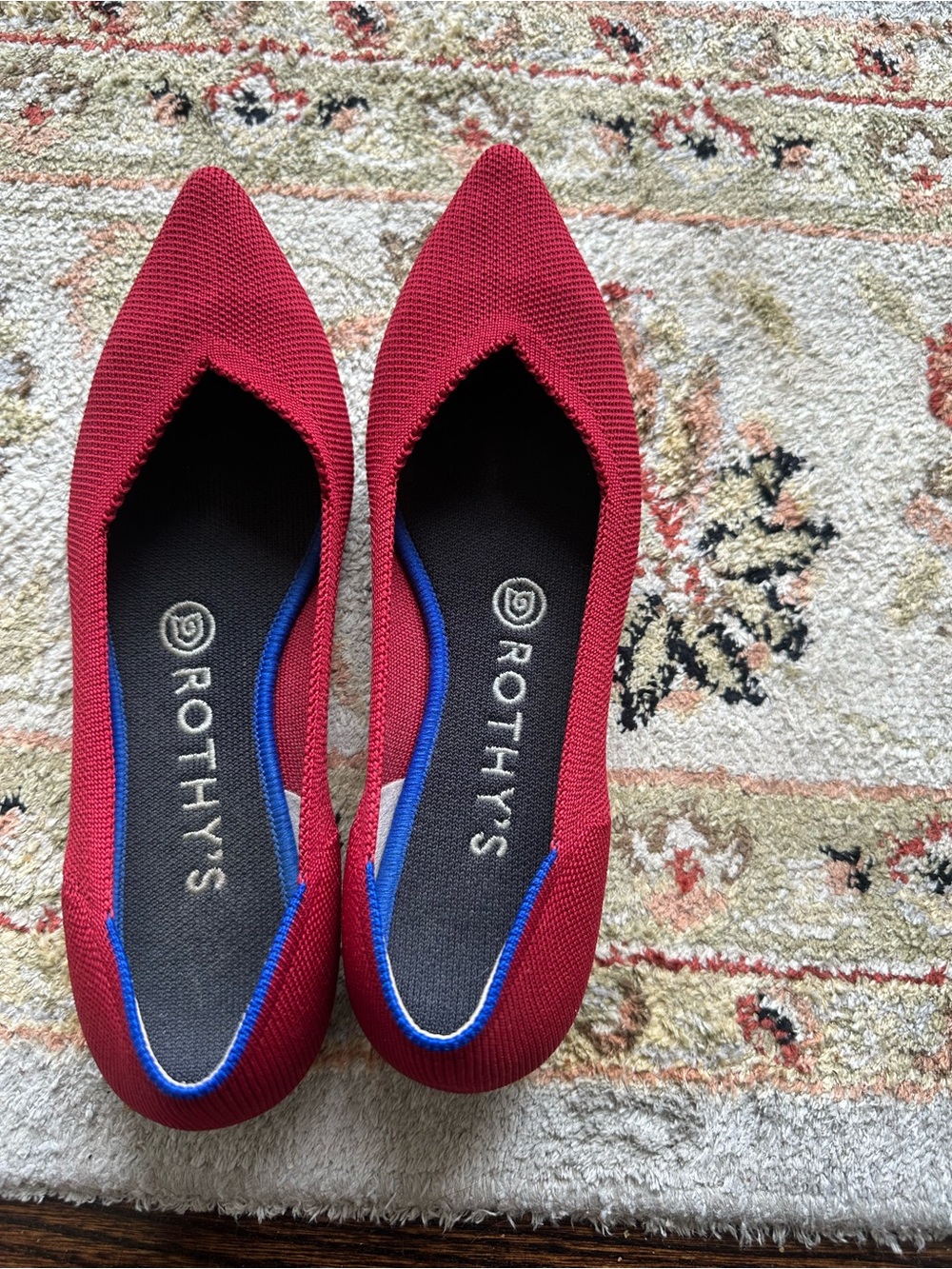Rothy's Women's The Point II Pointed Ballet Flat in Crimson with Blue Trim